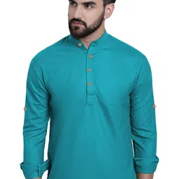 KNOWTED Band Collar Roll-Up Sleeves Straight Short Kurta-picture-34
