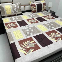 Pure Decor Grey & Yellow Floral 330 TC Queen Bedsheet with 2 Pillow Covers-image-43