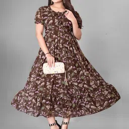 QENA Floral Print Tie-Up Neck Puff Sleeve Fit and Flare Gathered or Pleated Midi Dress-picture-20