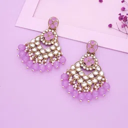 Brado Jewellery Gold-Plated Kundan Studded & Beaded Contemporary Drop Earrings-image-39
