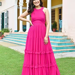 Ordinaree Women Halter Neck Georgette Tiered Fit & Flare Maxi Dress-picture-13