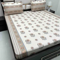 Pure Decor White & Brown Floral Queen Bedsheet with 2 Pillow Covers-image-91