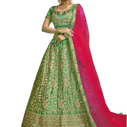 MANVAA Green & Pink Embroidered Thread Work Semi-Stitched Lehenga & Unstitched Blouse With Dupatta-picture-21