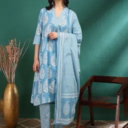 YASH GALLERY Floral Printed Cotton V-Neck A-Line Kurta With Trousers And Dupatta-picture-33
