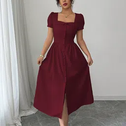 Outzidr Women Square Neck Puff Sleeve Fit & Flare Midi Dress-picture-20