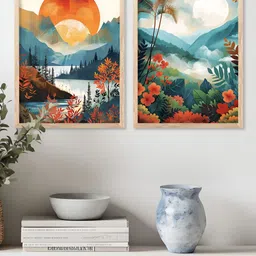 Kotart Brown & Orange Colored 2 Pieces Forest & Mountains Printed Wooden Wall Arts image 5