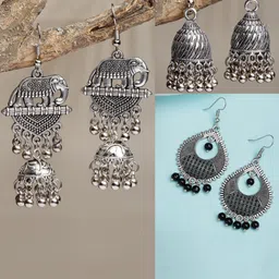 Sangria Pair Of 3 Silver Plated Beaded Jhumka Earrings-picture-34