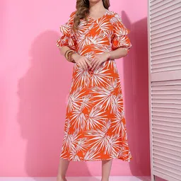 Golden Kite Women Tropical Printed Puff Sleeve A-Line Midi Dress-image-26