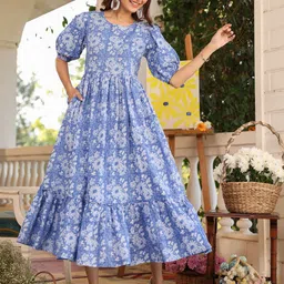 Janasya Women's Blue Pure Cotton Floral Printed Tiered Dress-picture-25