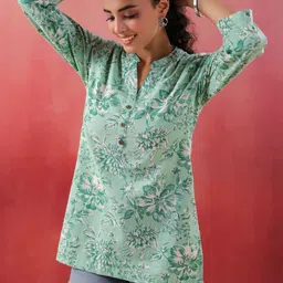 JISORA Floral Print Mandarin Collar Cotton Top image 5
