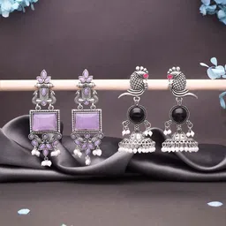 DIVASTRI Set Of 2 Silver-Plated Artificial Stones Studded Square Shaped Drop Earrings image 4