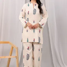 Aramya Ethnic Motifs Printed Mandarin Collar Linen Kurta With Trousers-picture-23