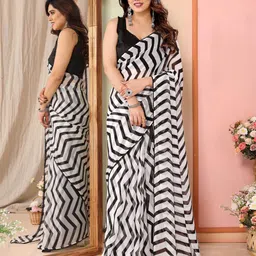 ODETTE Striped Printed Saree With Unstitched Blouse-picture-16