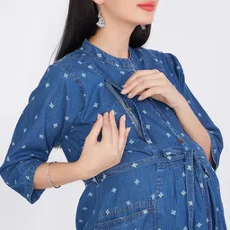 CEFALU Print Denim Maternity A-Line Midi Dress image 4