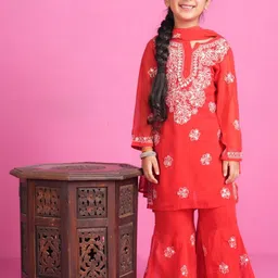 KHAKA Girls Floral Embroidered Chikankari Georgette Straight Kurta With Sharara & Dupatta-image-6