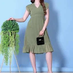 KATLINE Women Self Design V-Neck Flutter Sleeve Georgette Fit and Flare Midi Dress-image-63