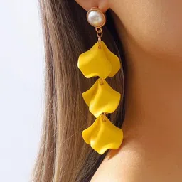 Senshi Gold-Plated Artificial Stones Studded Leaf Shaped Drop Earrings image 3