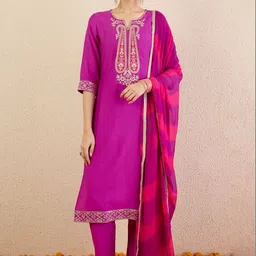 Indo Era Women Ethnic Motifs Embroidered Regular Thread Work Kurta with Trousers & With Dupatta image 4
