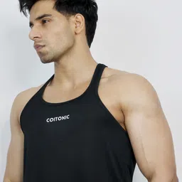 coitonic Plain Polyester Mens Sleeveless Stringer Slim Fit Sports and Gym Tank Top Men Vest image 2