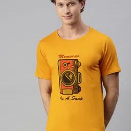 BRATMA Men Mustard Yellow Typography Printed Round Neck Regular Sleeves Cotton T-shirt-image-13