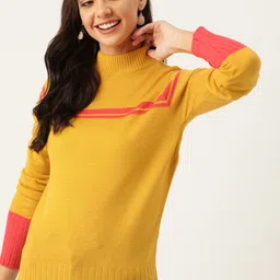DressBerry Women Mustard Yellow & Pink Striped Sweater image 3