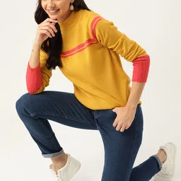 DressBerry Women Mustard Yellow & Pink Striped Sweater image 5