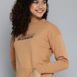 HERE&NOW Women Camel Brown Graphic Printed Pullover Sweatshirt-image-6