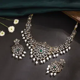 Yellow Chimes Gold-Plated Stone-Studded & Pearls Beaded Lakshmi Goddess Jewellery Set image 1