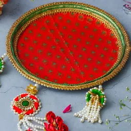eCraftIndia Red & Green 3 Pieces Stainless Steel Karwa Chauth Thali Set image 3