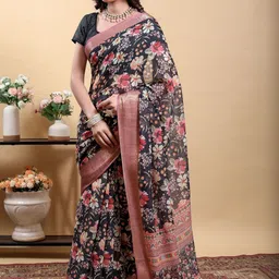 Jinal & Jinal Floral Zari Linen Blend Saree-picture-34
