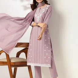 Janasya Women Light Purple Pure Cotton Embroidered Straight Kurta Set-picture-40