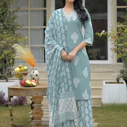 SKYLEE Women Ethnic Motifs Printed Regular Thread Work Kurta with Trousers & With Dupatta image 3