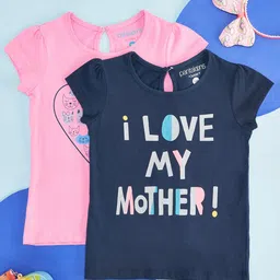 Pantaloons Junior Pack Of 2 Cap Sleeves I Love My Mother Text & Cats Printed Tees - Multi Colour-picture-11