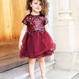 Cherry Crumble By Nitt Hyman Half Sleeves Sequins Embellished Layered Dress - Maroon-picture-21