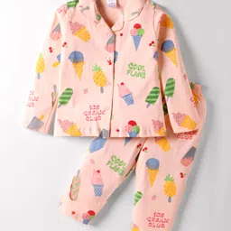 Smarty Girls Cotton Knit Co-ords Night Suit with Ice Cream Print - Peach-picture-18