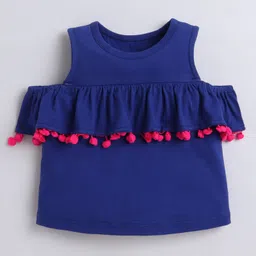 Aww Hunnie 100% Cotton Jersey Cold Shoulder Pom Pom & Frill Detailed Top - Blue-image-73