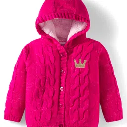 Babyhug Knit Full Sleeves Hooded Front Open Sweater with Cable Knit Design - Dark Pink-picture-15