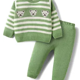 Babyhug Knitted Full Sleeves Sweater Set With Teddy Bear Design - Green-picture-24