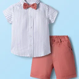 Babyhug Cotton Woven Half Sleeves Shirt & Shorts Set with Bow & Stripes - Rose Gold & White-picture-15