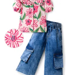 OLLINGTON ST. 100% Cotton Half Puffed Sleeves Floral Printed Front Open Top & Denim Pant - Pink & Blue-picture-15