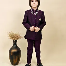 BT DEZINES Silk Woven Solid Sherwani Trouser With Full Sleeves Chevron Embroidered Jacket & Necklace Set - Wine-picture-13
