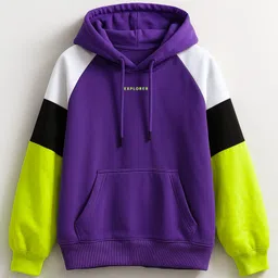 Bubble Berry Knit Full Sleeves Colour Blocked & Explorer Text Printed Hooded Oversized Winter Sweatshirt - Purple Neon & Black-picture-15