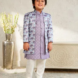 AJ Dezines Jacquard Woven Full Sleeves Elephant Printed Kurta & Pant With Sherwani Jacket Set - Purple-picture-23