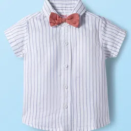 Babyhug Cotton Woven Half Sleeves Shirt & Shorts Set with Bow & Stripes - Rose Gold & White image 2