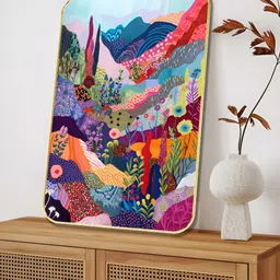 Myntra Elegant Homes Pink & Blue Abstract Floral Hills Wooden Painting Wall Art-image-95