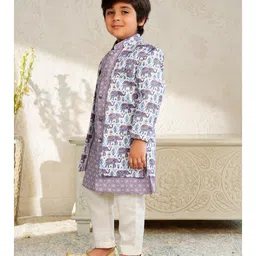 AJ Dezines Jacquard Woven Full Sleeves Elephant Printed Kurta & Pant With Sherwani Jacket Set - Purple image 4