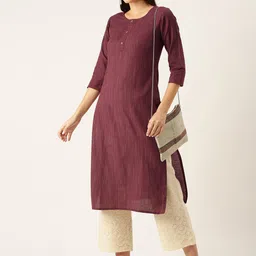 Saanjh Burgundy Self-Striped Straight Kurti image 2
