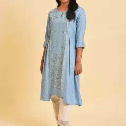 W Blue Printed A Line Kurta-image-83