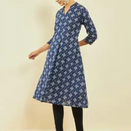 Soch Indigo Cotton Slub Bandhani Print A-Line Kurta-image-0