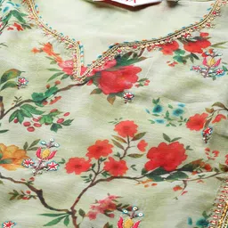 Biba Women Green & Red Floral Print Sequinned Kurta with Palazzos & Dupatta image 2